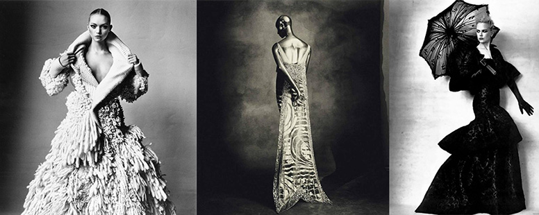 Modebilder på utställningen ”Irving Penn – Fashion” på Åmells